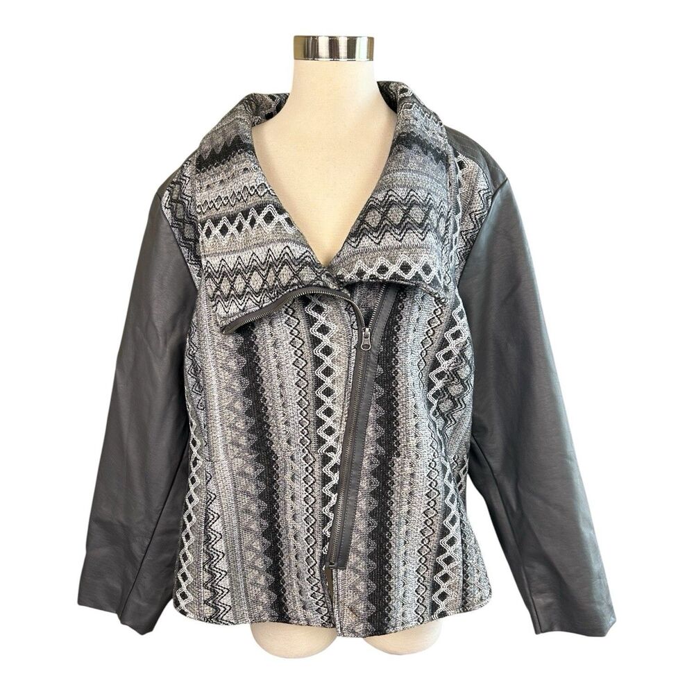 Kate & Mallory Woven Tapestry Faux Leather Moto Jacket Gray Plus Sz 3X